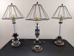 B.L.D. Table Lamps with Wood Gears & Spinning Freewheels